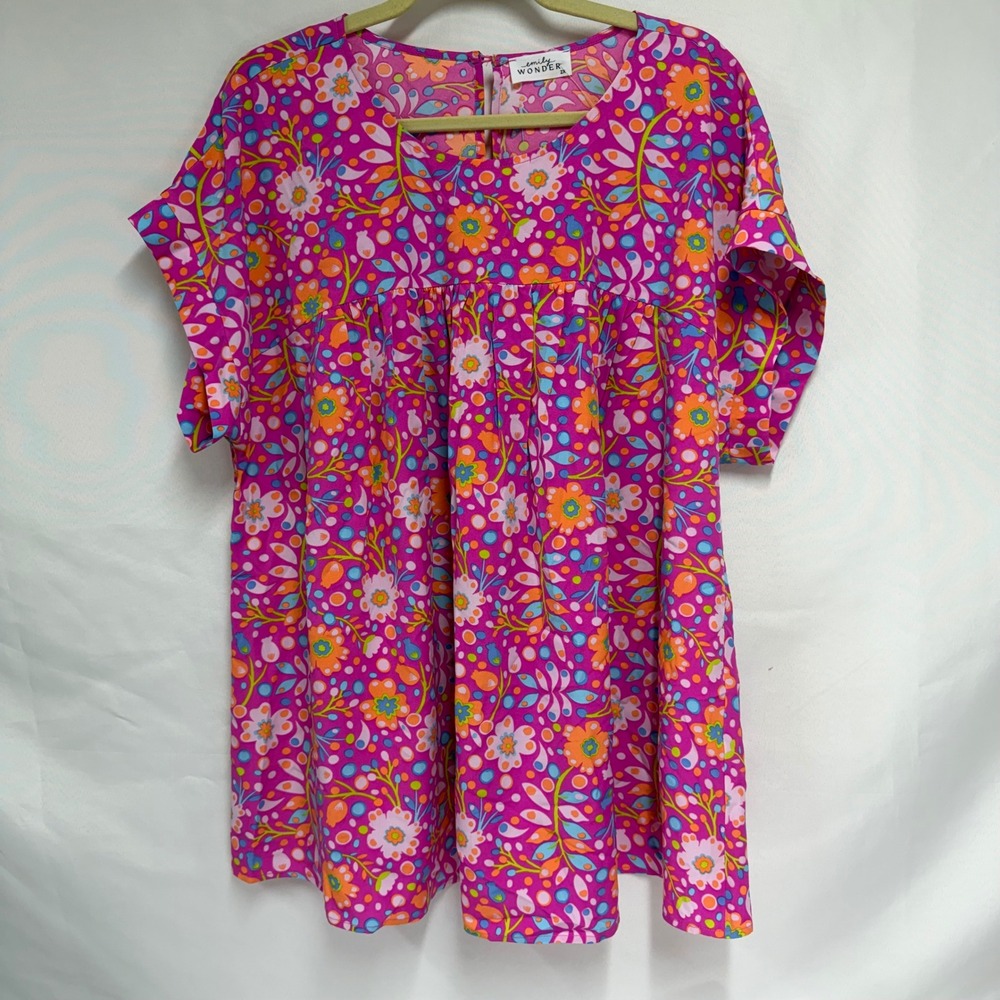 Emily Wonder Pink Floral Babydoll Top Womens 2X Short Sleeve Boho Blouse Retro
